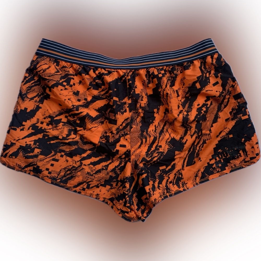UNDER ARMOR running shorts with liner,  nylon, orange & black, ladies large